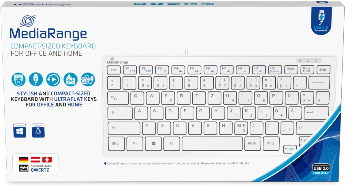 MediaRange kabelgebundene Kompakt-Tastatur mit 78 ultraflachen Tasten, QWERTZ, weiß