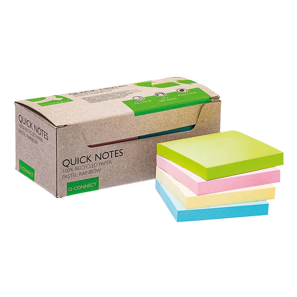 Q-Connect Haftnotizblock Recycling - 76 x 76 mm, pastell, 12 Stück