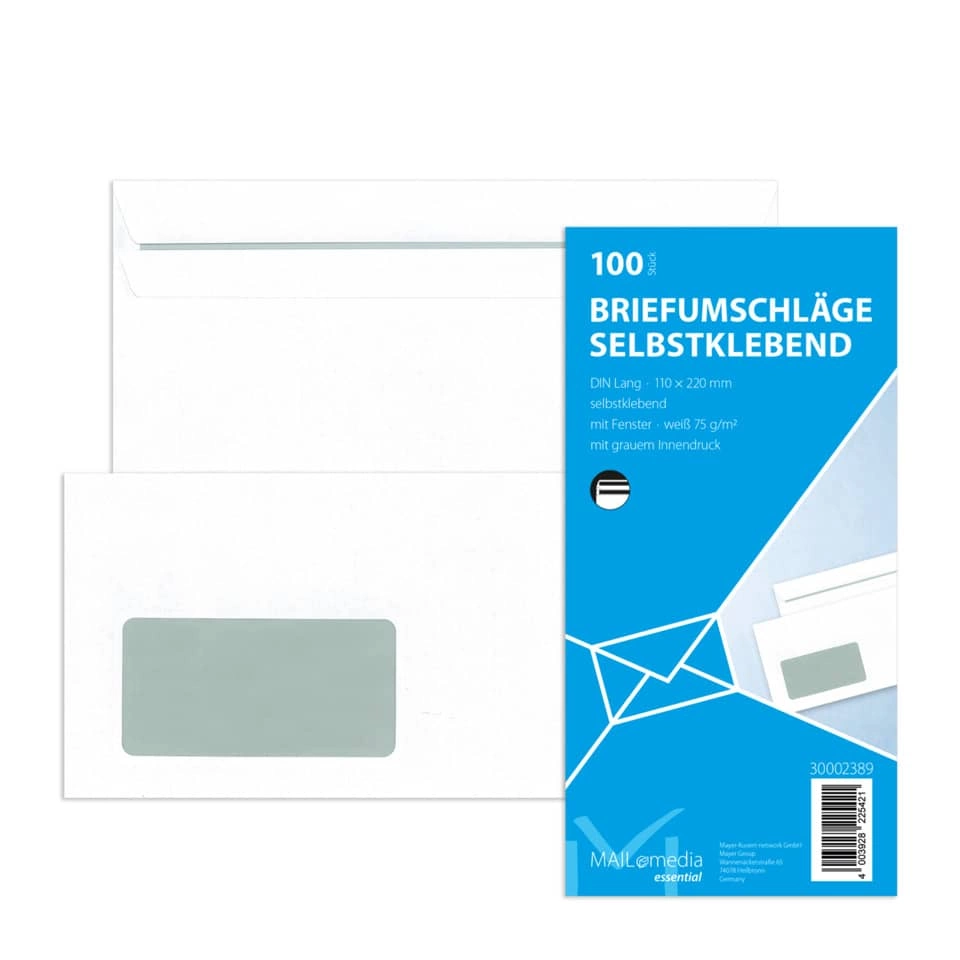 Briefumschläge DIN lang (220x110 mm), mit Fenster, selbstklebend, 72 g/qm, 100 Stück